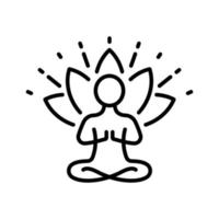 yoga person i pose lotus linje ikon. andlig energi meditation slappna av linjärt piktogram. meditera avslappning asana träning konturikon. zen wellness. redigerbar linje. isolerade vektor illustration.