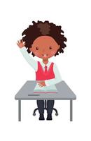 söt afrikansk amerikansk pojke räcker upp handen i klassrummet för ett svar isolerad på vit bakgrund. elev sitter vid skrivbordet med upphöjd hand. utbildning koncept. vektor illustration.