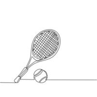 kontinuerlig en rad ritning tennisracket och bollutrustning för tävlingsspel. sporttennisturneringar och mästerskapsaffischer. hälsosam aktivitet. enkel rad rita design vektorillustration vektor