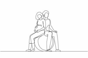 enda en linje ritning unga väntande föräldrar i yogaklass för gravida kvinnor. man och gravid kvinna sitter i gymnastiksalen boll. parad yoga för gravida kvinnor. kontinuerlig linje rita design vektor