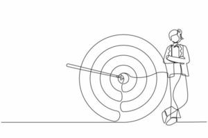 kontinuerlig en rad ritning affärskvinna eller chef stående bredvid målet. pilen träffade målet exakt. framgångsrik affärsstrategi, marknadsföringskoncept. enda linje design vektorgrafisk illustration vektor