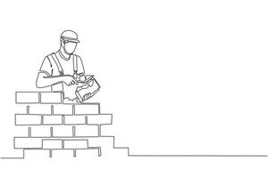 kontinuierliche einzeilige zeichnung handwerker, der eine mauer baut. bauarbeiter in uniform und helm bei der arbeit. Builder-Konzept. Reparaturarbeiten. Vektorgrafik-Illustration für einzeiliges Design vektor