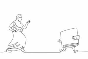 einzelne durchgehende strichzeichnung arabische geschäftsfrau jagt brieftasche. Geldbeutel zum Sparen von Geld Dollar Bargeld. einkaufen, markt, kaufen, bezahlen, finanzkonzept. eine linie zeichnen grafikdesign-vektorillustration vektor