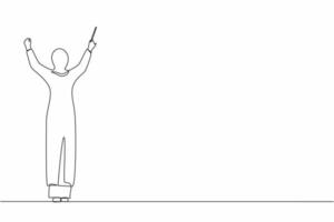 einzelne durchgehende linie, die rückansicht zeichnet arabische dirigentin, die auf der bühne auftritt, musikerin im Smoking, die klassisches instrumentales symphonieorchester leitet eine Linie zeichnen Design-Vektor-Illustration vektor