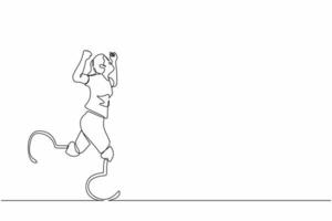 enda kontinuerlig linjeteckning kvinna idrottare maratonlöpare med proteser istället för ben. idrott för funktionshindrade, handikappspel. springa. aktivt liv med fysisk skada. en linje rita design vektor