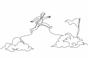 fortlaufende einzeilige zeichnung aktiver geschäftsmann springt oder springt über wolken, um sein erfolgsziel oder seine flagge zu erreichen. seinen Karriereweg herausfordern. etwas riskieren. einzeiliges zeichnen design vektorgrafik illustration vektor