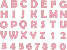 Donut-Alphabet und Zahlen auf weißem Hintergrund. bäckerei süße leckere schrift. rosa buchstaben und zahlen. vektor