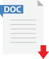 Download-Doc-Symbol auf weißem Hintergrund. doc-Datei mit Pfeil nach unten. Dokument herunterladen. flacher Stil. vektor
