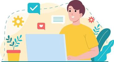 junge arbeiter nutzen computer und internet während der arbeit zu hause, kommunikationsnetz im zeichentrickfigurenstil, design flache illustration