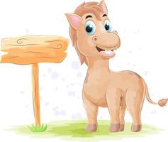 söt häst med trä skylt styrelse, akvarell illustration vektor