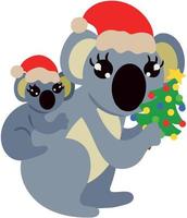süßer Koala mit Baby auf dem Rücken mit festlichen Mützen und Weihnachtsbaum in Pfoten. Vektor-Illustration isoliert auf weißem Hintergrund vektor