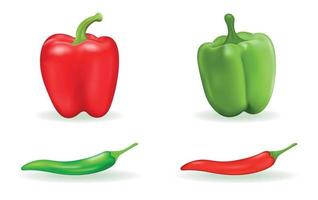 Paprika- und Chili-Set. grüner und roter realistischer Pfeffer lokalisiert auf weißem Hintergrund. gemüse, gesunde frische lebensmittel. Vektor 3d