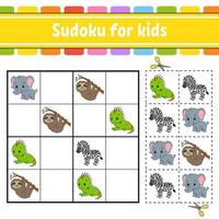 Sudoku für Kinder. arbeitsblatt zur bildungsentwicklung. Aktivitätsseite mit Bildern. Puzzlespiel für Kinder. logisches denken trainieren. isolierte vektorillustration. tierisches Thema. Cartoon-Stil. vektor