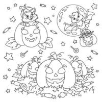 katten sitter i en pumpa, en fladdermus, månen. halloween-tema. målarbok sida för barn. tecknad stil. vektor illustration isolerad på vit bakgrund.