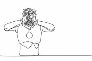 kontinuierlicher einzeiliger Zeichenroboter mit runden Kritzeleien anstelle des Kopfes. Verwirrung und Durcheinandergefühl, gestresst, Problem. humanoider Roboter kybernetischer Organismus. einzeiliges zeichnen design vektorillustration vektor