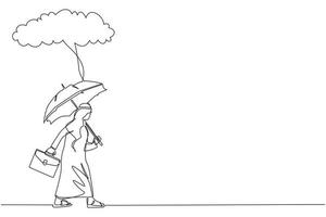 einzelne strichzeichnung arabischer geschäftsmann mit aktenkoffer und schirmständer unter regenwolke. Depression, Passant bei Regenwetter. Durchnässter Mann, Wasser strömt vom Himmel. Designvektor mit durchgehender Linie vektor