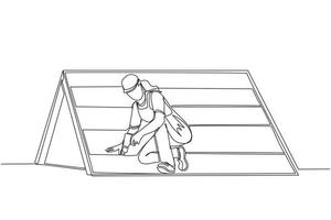 kontinuierliche einzeilige zeichnung dachdecker, der holz- oder bitumenschindeln installiert. dachdeckerfrau, die hausdach mit elektrischem schraubendreher repariert. Reparaturberuf der Reparaturarbeiterin. einzeiliger Entwurfsvektor