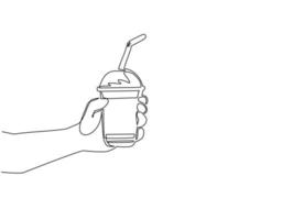 kontinuierliche einzeilige zeichnung hand mit bubble tea cup. boba tee, süßes taiwanesisches getränk, das in asien beliebt ist. flacher karikaturstil, elemente sind isoliert. einzeiliges zeichnen design vektorgrafik illustration vektor