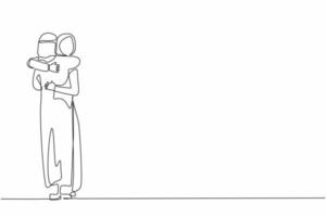Eine einzige durchgehende Linie, die eine aufgeregte Frau zeichnet, die den geliebten Ehemann zu Hause umarmt, wenn sie von einer Geschäftsreise zurückkehrt. glückliches arabisches Paar, das Jubiläum kuschelt. eine linie zeichnen grafikdesignvektor vektor