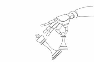 kontinuerlig en rad ritning robot hand som håller schack bonde för att ta ner schack kung. schackmatt. humanoid robot cybernetisk organism. framtida robotutvecklingskoncept. enda linje design vektorgrafik vektor