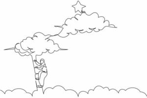 durchgehende einzeilige zeichnung einer arabischen geschäftsfrau, die auf die leiter klettert, um nach sternen zu greifen. büroangestellter klettert karriereweg ziel. erfolgreiche Motivation. einzeiliges zeichnen design vektorgrafik illustration vektor