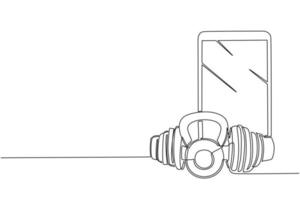 einzelne einzeilige Zeichnung runder schwerer Kettlebell für Sport- und Hantelsymbol mit Smartphone. Online- oder virtuelle Fitness. Bodybuilding. moderne grafische vektorillustration des ununterbrochenen zeichnendesigns vektor