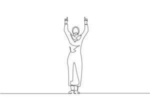 einzelne eine linie, die eine glückliche arabische geschäftsfrau zeichnet, die steht und beide hände mit dem zeigefinger zeigen. verkäuferin feiert gehaltserhöhung vom unternehmen. ununterbrochene Linie zeichnen Design-Vektor-Illustration vektor