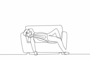 einzelne eine Strichzeichnung unglücklicher Geschäftsmann traurige, müde, schläfrige Stimmung, die auf dem Sofa ruht. frustrierter arbeiter, der seinen kopf auf dem sofa hält. gestresst und Versagensängste. Designvektor mit durchgehender Linie vektor