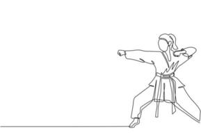 kontinuierliche eine Linie, die junge, selbstbewusste Karateka-Frau im Kimono zeichnet, die Karate-Schlagkampf im Dojo-Fitnesscenter praktiziert. Kampfkunst-Sportkonzept beherrschen. einzeiliges zeichnen design vektorillustration vektor