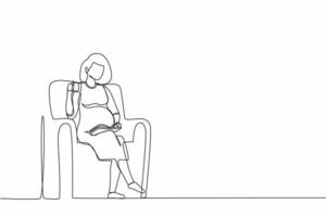 einzelne durchgehende Strichzeichnung schwangere junge Frau, die auf dem Sofa sitzt, Buch liest und Tee trinkt. gemütlicher abend mit heissgetränk. außerhalb des Winters. eine linie zeichnen grafikdesign-vektorillustration vektor