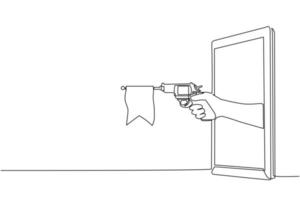 kontinuerlig en rad ritning hand som håller leksakspistol pistol med tom flagga via mobiltelefon. koncept för videospel, e-sport, underhållningsprogram för smartphones. enda rad rita design vektor