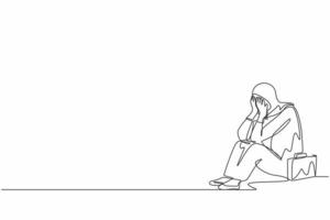 enda kontinuerlig linje ritning arabisk affärskvinna känner sig ledsen och depression sitter på golvet. kontorsarbetare känner sig blå, stress, ledsen. depression för unga. en rad grafisk design vektor