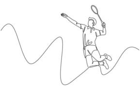 Single Continuous Line Drawing Junger agiler Mann Badmintonspieler springt und zerschmettert Federball. Veranstaltung eines Badmintonturniers. gesundes konzept der sportübung. eine linie zeichnen grafikdesign-vektorillustration vektor