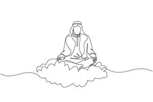ein einzeiliger büroangestellter oder geschäftsmann entspannt sich und meditiert in lotusposition auf wolken. Fröhlicher arabischer Mann, der sich mit Yoga oder Meditationshaltung entspannt. grafischer Vektor des durchgehenden Liniendesigns