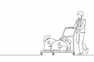 kontinuierliche einzeilige zeichnung geschäftsmann schubwagen mit geldbeuteln. belohnungs- oder gewinnkonzept. mann angestellter mit gehalt. Investor trägt Geld zum Startup. Vektorgrafik-Illustration für einzeiliges Design vektor