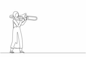 enda en rad ritning arabisk trombonspelare. kvinnlig artist spelar blåsinstrument. musikartist tjej. jazz kvinna. musiker spelar trumpet. klassisk musikevenemang. kontinuerlig linje design grafisk vektor
