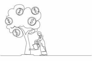 enda kontinuerlig linjeritning affärsinvestering med pengar träd illustration. arabisk kvinna vattna träd med mynt dollarsymboler. affärsutveckling, vinsttillväxt. en rad grafisk design vektor