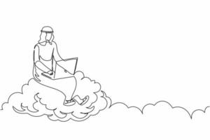 kontinuierliche einzeilige zeichnung arabischer geschäftsmann, der auf einer wolke im himmel sitzt und mit einem laptop arbeitet. drahtlose Internetverbindung. soziale Netzwerkmedien. einzeiliges zeichnen design vektorgrafik illustration vektor