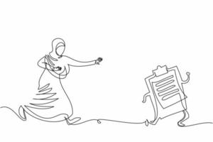 durchgehende einstrichzeichnung arabische geschäftsfrau jagt klemmbrett. weibliche arabische chefin, checkliste, umfrage, unterzeichnungsdokument und papierkram. einzeiliges zeichnen design vektorgrafik illustration vektor
