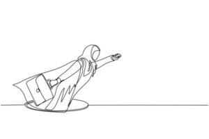 fortlaufende einzeilige zeichnung fliegender arabischer geschäftsfrau mit flügel und aktentasche, die aus löchern kommen. Frau, die den Finanzaufstieg aus dem Loch führt. Geschäftswachstumskonzept. einzeiliger Entwurfsvektor vektor
