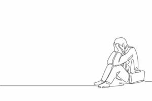 Single One Line Drawing Geschäftsmann fühlt sich traurig und depressiv auf dem Boden sitzend. büroangestellter fühlt sich blau, stress, traurig. Depression für junge Menschen Konzept. Grafikdesign-Vektor mit durchgehender Linie vektor