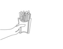kontinuerlig en rad ritning hand som håller pommes frites i papperslåda. potatis snack snabbmat meny symbol objekt. för restaurang eller café drinkmeny. enda rad rita design vektorgrafisk illustration vektor