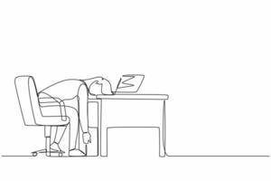 kontinuierliche einzeilige zeichnung professionelles burnout-syndrom. erschöpfte, kranke, müde weibliche Managerin im Büro, trauriges, langweiliges Sitzen mit gesenktem Kopf auf dem Laptop. Vektorgrafik-Illustration für einzeiliges Design vektor