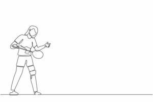 enda kontinuerlig linjeteckning kvinnlig idrottare spelar badminton. kvinna med benprotes som håller racket. person med funktionshinder som utför idrottsaktivitet. en linje grafisk design vektor