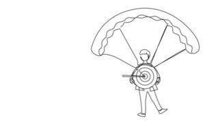 Ein Strichzeichnungsgeschäftsmann, der ein Ziel mit einem Pfeil im Bullseye hält und mit dem Fallschirm springt. Leistung und Erfolg. Geschäftszielkonzept. ununterbrochene Linie zeichnen Design-Vektor-Illustration vektor
