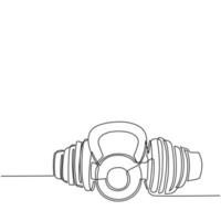 Einzelne durchgehende Strichzeichnung Hanteln und Kettlebell-Vektorsymbol auf weißem Hintergrund für Fitness- oder Fitnesselemente. Gewicht, Langhantel, Hantel. eine linie zeichnen grafikdesign-vektorillustration vektor