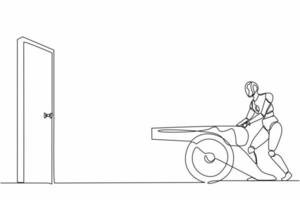 kontinuerliga en rad ritningsrobotar tänder kanoner framför dörren för att förstöra dörren. humanoid robot cybernetisk organism. framtida robotutvecklingskoncept. en rad rita design vektorgrafik vektor