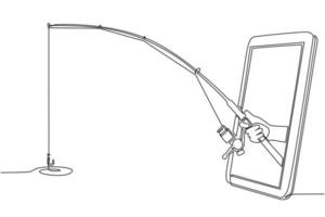 kontinuerlig en rad ritning fiskare hand håller fiskespö genom mobiltelefon. smartphone med app fiskespel. mästerskap för mobila sportströmmar. enkel rad rita design vektorillustration vektor