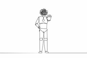en rad ritningsrobot med runda klotter istället för huvud, stående och avvisa något med stopphandsgest. humanoid robot cybernetisk. kontinuerlig linje rita design vektorillustration vektor