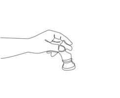 kontinuierlich eine linie zeichnende spielerhand hält schachritter. menschliche hand, die schachritterfigur für unvorhersehbare, geschäftsstrategie, strategisches bewegungskonzept hält. Einzeilige Design-Vektorillustration vektor